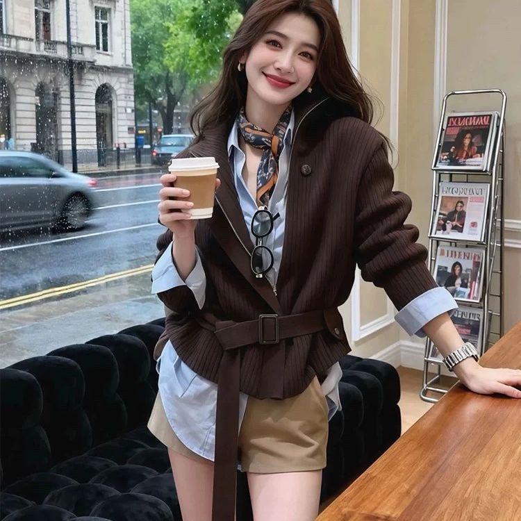 

Korean-Style Women s OOTD: High Neck Zip-Up Cardigan, Belted Jacket, Blue Layered Shirt Top S