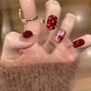Retro Ruby Bow Cat Eye White ins Style Short Handmade Wear Nail Art Patch Fake Nails