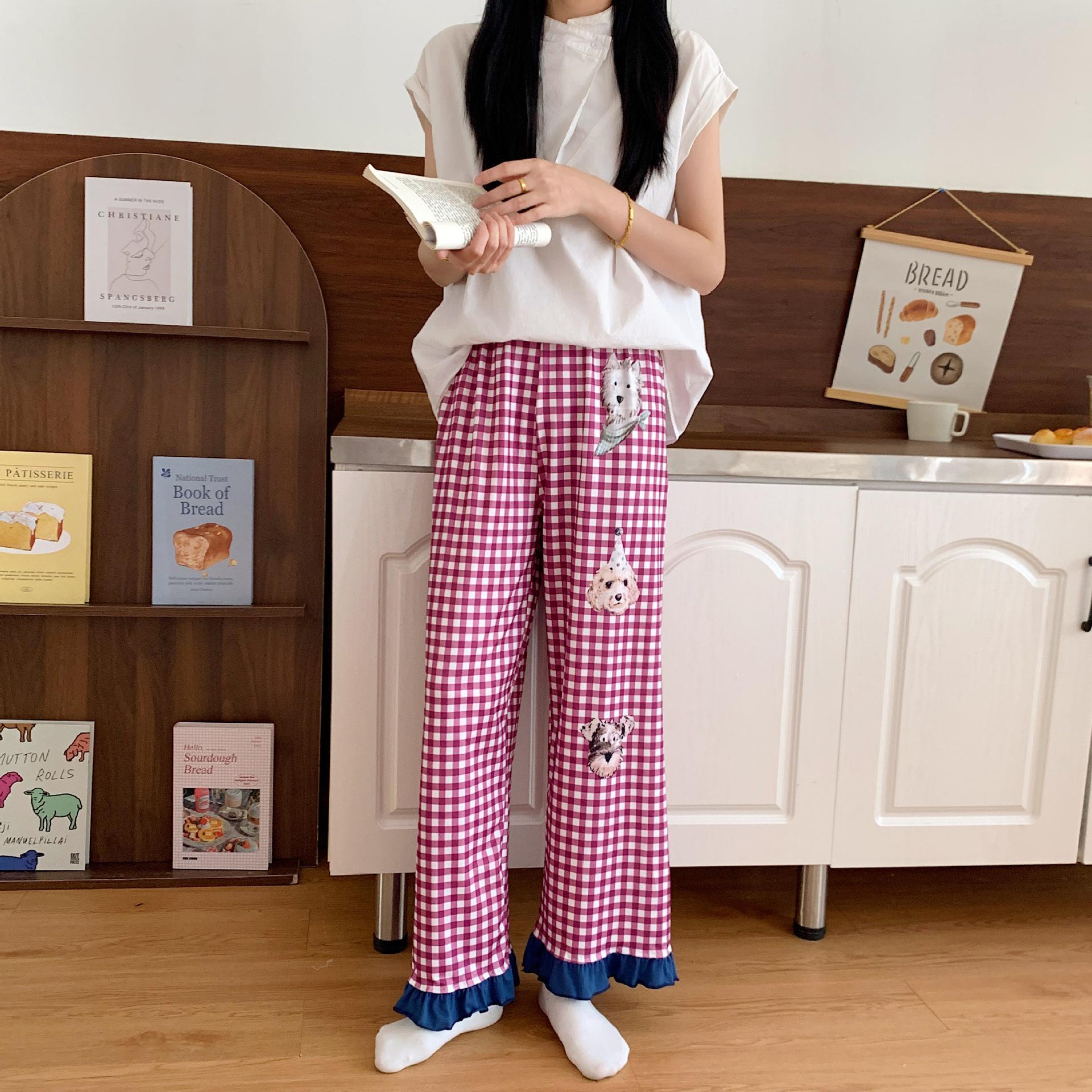 

Женские клетчатые кружевные штаны для сна в корейском стиле - Весенне-летние, с цветными блоками, повседневные и свободные, для ношения дома или на улице. XL (110-130 Jin)