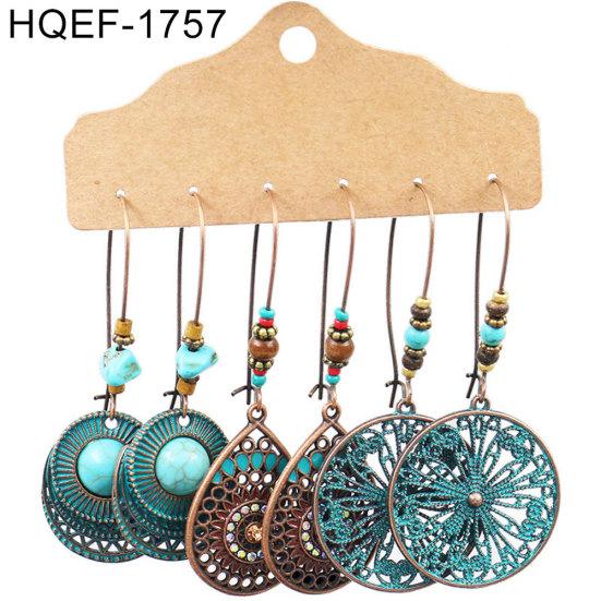 3Pairs Women Hollow Leaf Teardrop Round Dangle Ear Stud Hook Earrings Jewelry