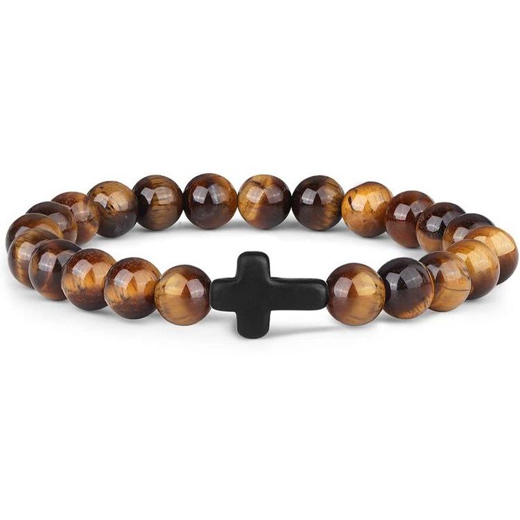 New Retro Cross Natural Stone Bracelet Tiger Eye Stone Lava Volcanic Stone Elastic Bead Men's Bracelet