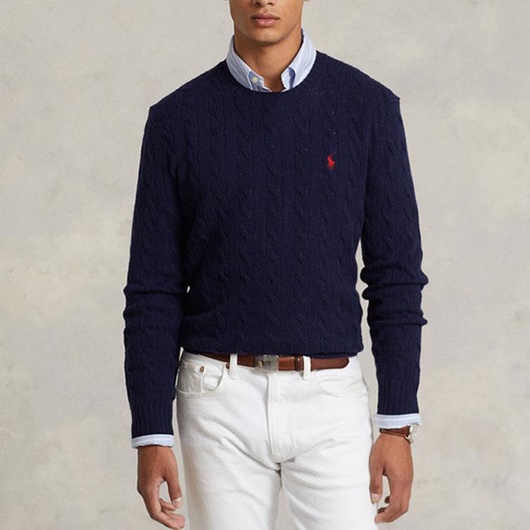 Polo Ralph Lauren FW22 Solid Color Crew Neck Cable Knit Cashmere Sweater Men sweater Blue 16821187-400