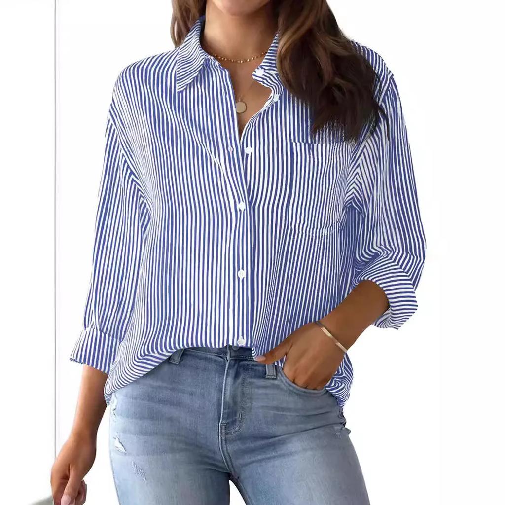Women's Classic Striped Long Sleeve Button-Up Shirt with Pocket for Office Work Stylish Top Casual Businesswear