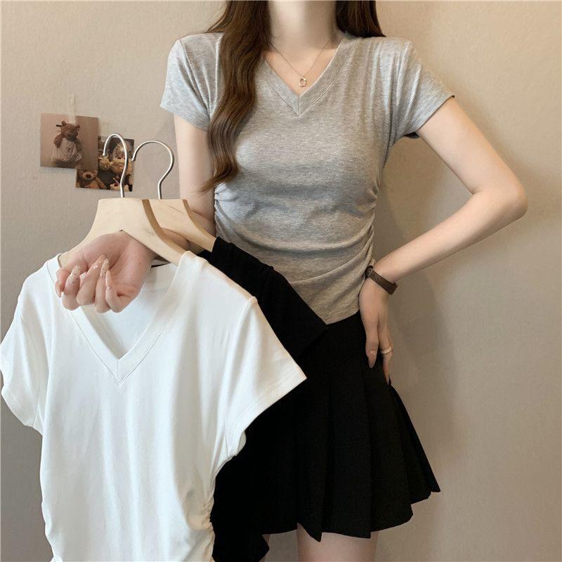 Damen V-Ausschnitt Gerafftes Kurzarm Schlankmachendes Oberteil