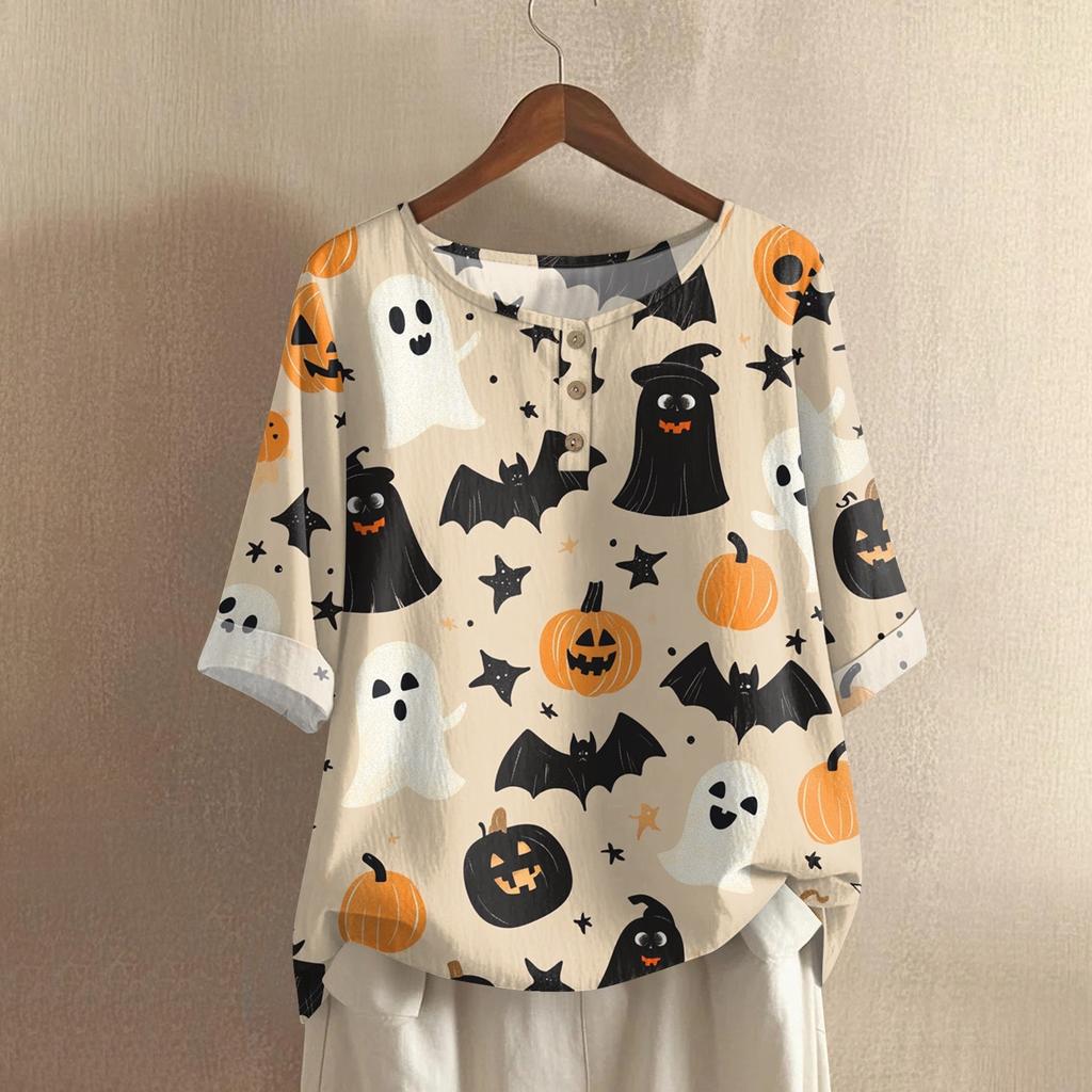 Damen Modisches Und Lässiges Shirt Halbarm Rundhals Print Baumwolle Und Leinen Bluse Top