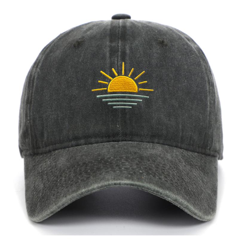Unisex Vintage Washed Baseball Cap - Embroidered Beach Sunrise, Breathable & Sun Protective for Summer Outdoor Activities