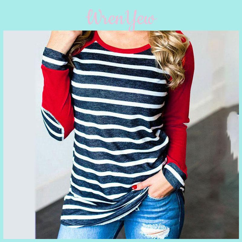 Striped New Autumn Stitching Round Neck Longsleeved Tshirt Bottoming Shirt