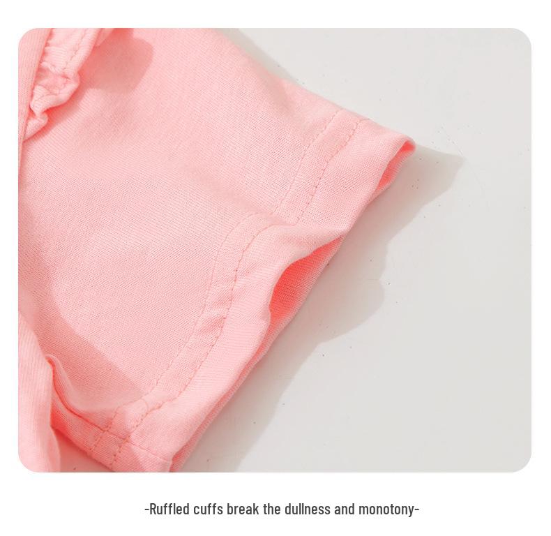 2025 Summer Korean Style Girls' Cotton Ruffle T-Shirt - Round Neck, Short Sleeve, Solid Color, Cute Undershirt.