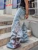 American Retro Slim Loose Jeans Printed Plum Blossom Personalized Fashion Wide-leg Denim Trousers