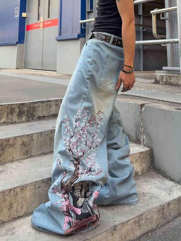 American Retro Slim Loose Jeans Printed Plum Blossom Personalized Fashion Wide-leg Denim Trousers