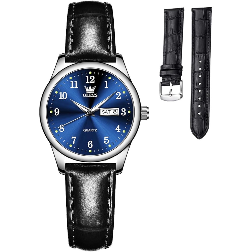 OLEVS Women s Analog Quartz Watch Waterproof Business Style Black Leather Band Blue Dial Lightweight Date Display