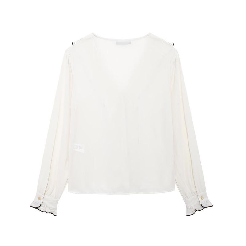 Autumn New Arrival: Women's Long Sleeve V-Neck Shirt with Pleated Layered Decor