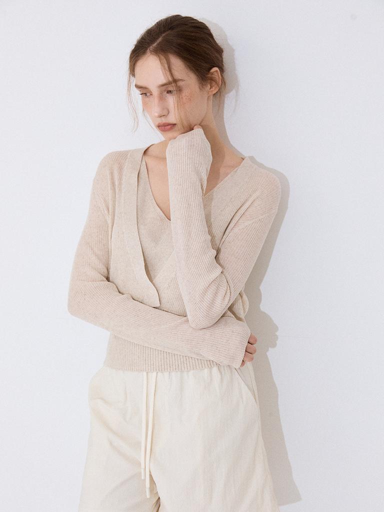 RAYHER Thais Ribbed Knit Cardigan & V-Neck Top Set [Biscotti Melange]