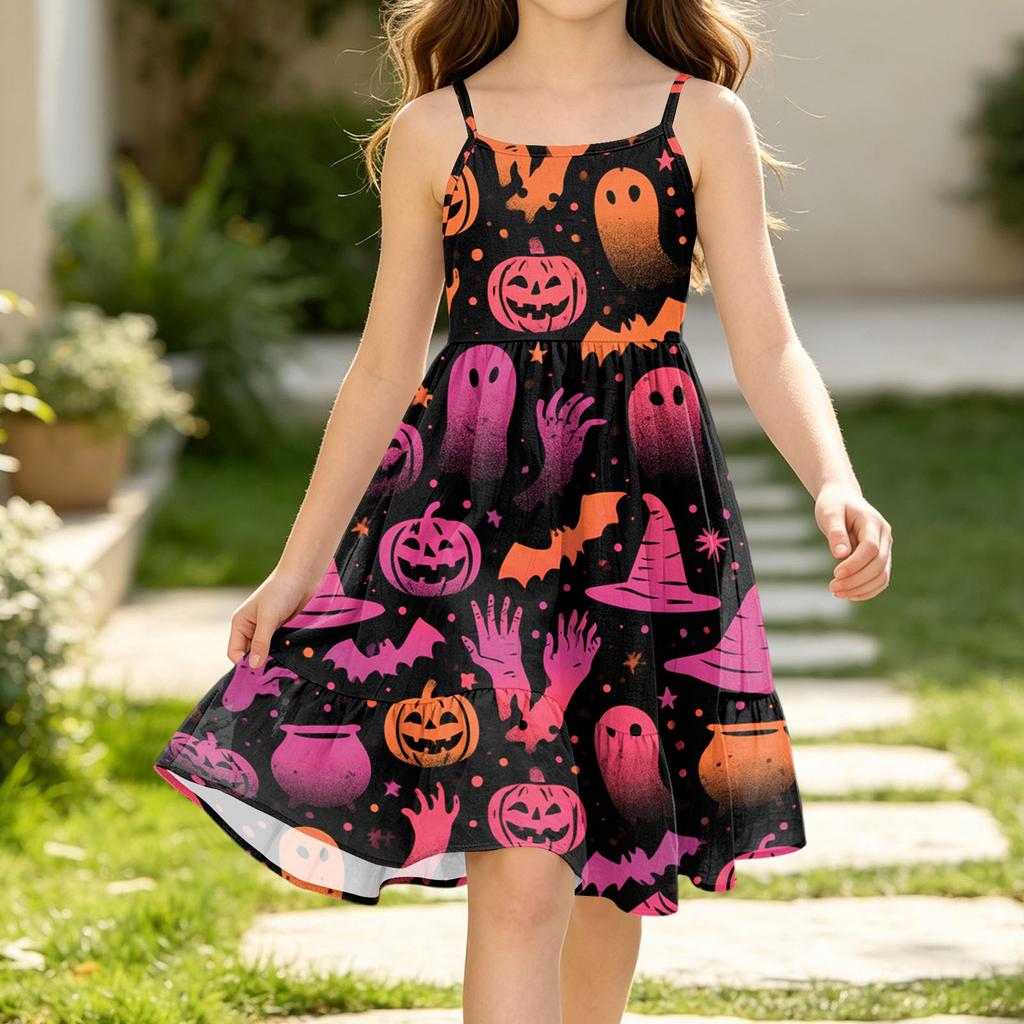 Girls Casual Sleeveless Spaghetti Strap Cute Princess Halloween Print Dress