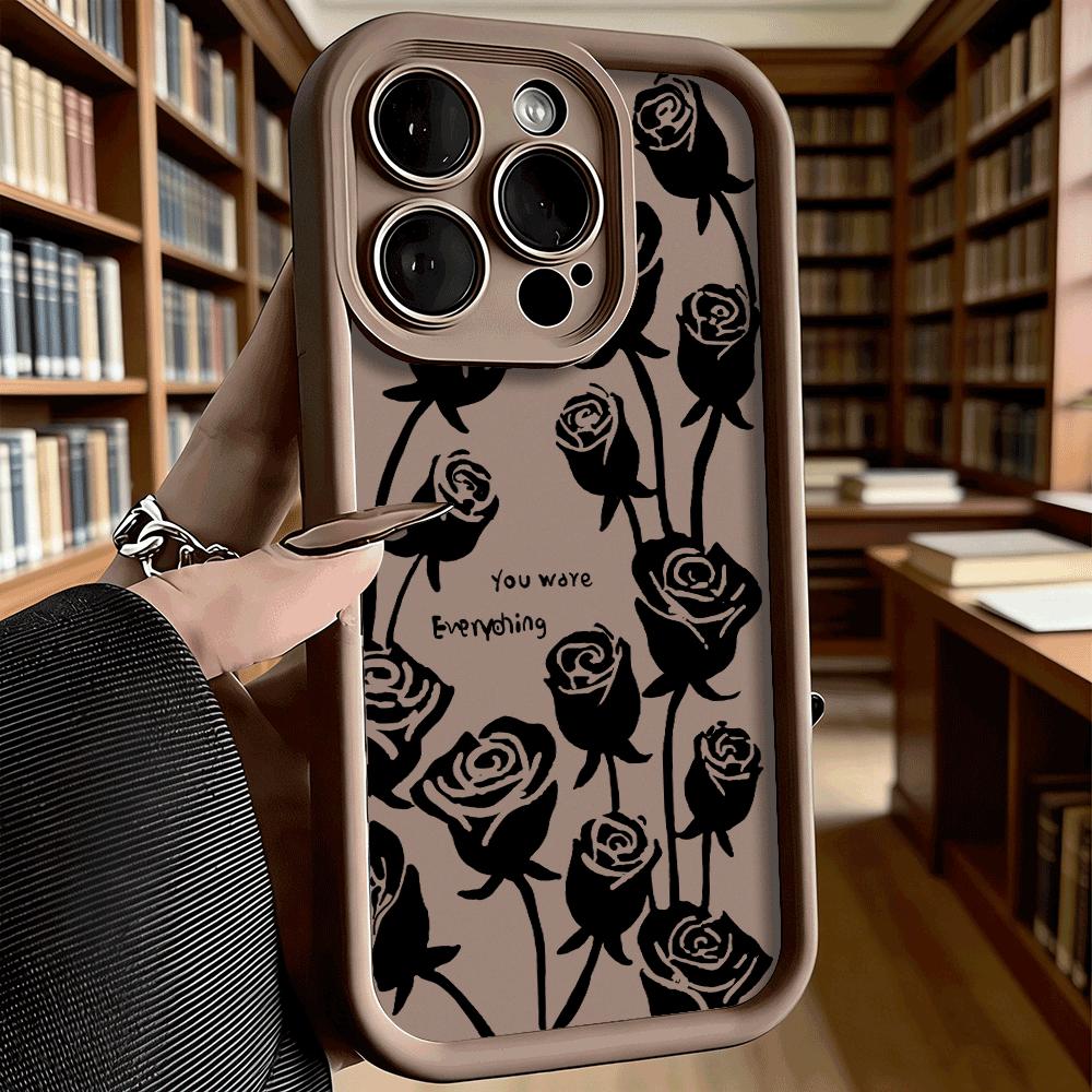Black Rose Silhouettes Soft TPU Phone Case for iPhone 17 16 15 14 13 12 11 Pro Max Plus Shockproof Anti-Slip Cover