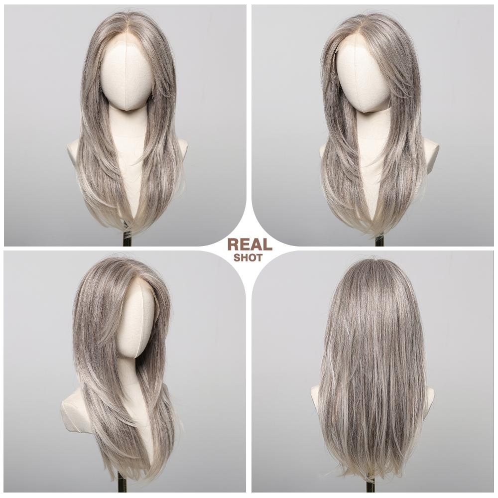 LOUIS FERRE Synthetic 13x6 Lace Wigs Long Straight Hair Gray Ombre Wigs Daily Use Party Wig for White Women Heat Resistant