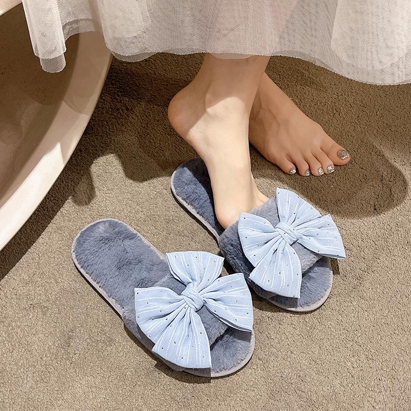 Cotton Household Home Fluffy Warm Ins Slippers Slippers Indoor Plush Open Drag Bow Cotton Slippers