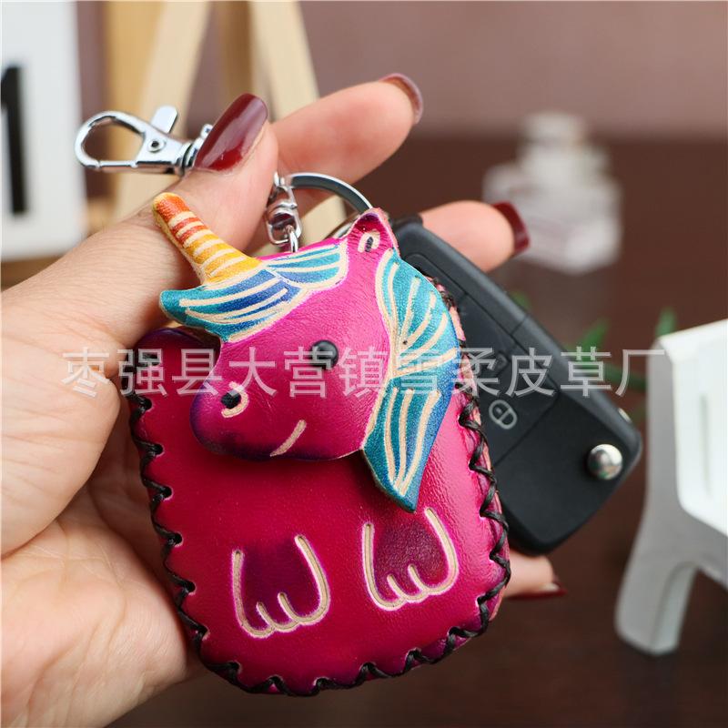 First Layer Cowhide Unicorn Access Control Card Bag, Keychain Pendant, Earphone Bag, Cute Trendy Buckle, Water Drop Card Bag.