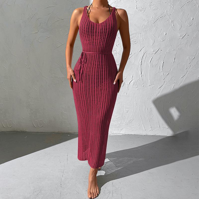 European Style Holiday Beach Knit Cover-up Dress - Backless and Hollow Out Design for Women, 2026