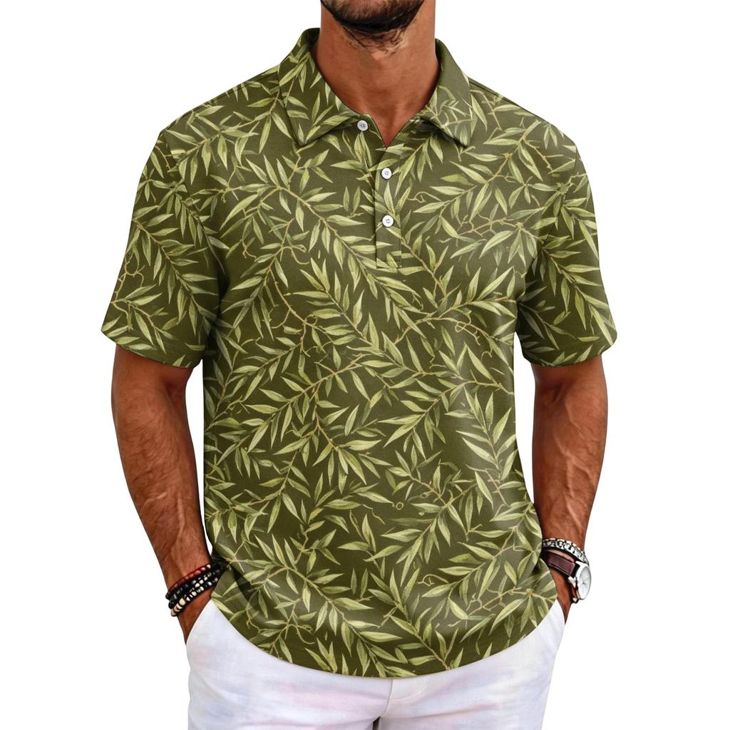 Men's Polo Shirt Short Sleeve Loose Fit Casual Top with Hawaiian Style Print for Everyday Wear Comfortable Fabric