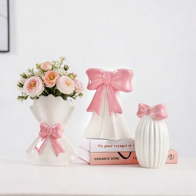 Ceramic Vase Hand-held Flower Arrangement Creative Bow Ceramic Vase Living Room Decor Artificial Flower Container Birthday Gift
