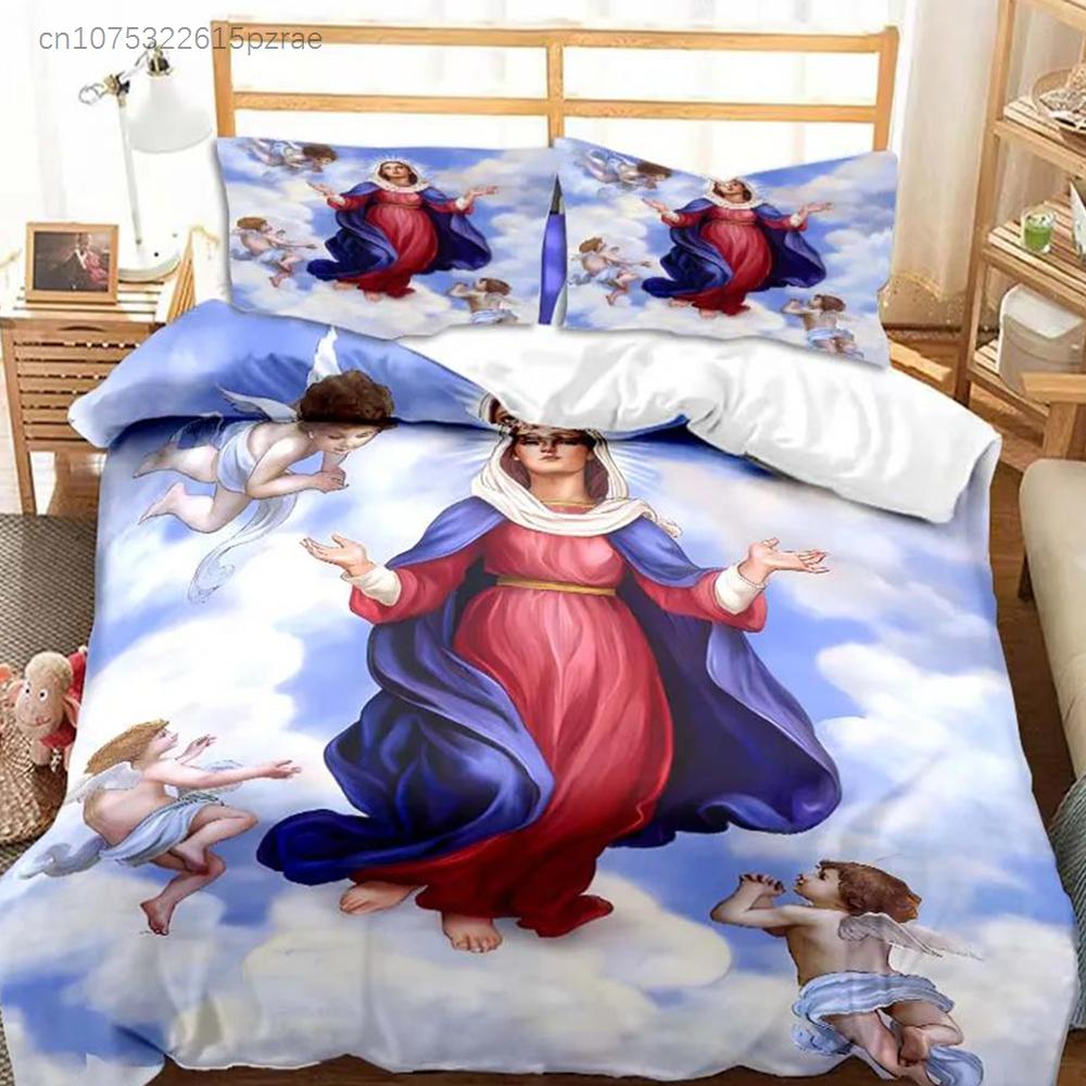 Tema Gesù Vergine Maria Set Biancheria da Letto per Bambini Camera da Letto Copripiumino Set per Letto per Bambini Poliestere Set Copripiumino con Federa