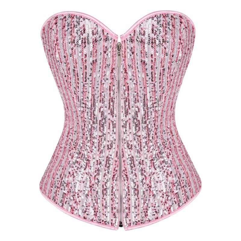 Women European Style Zipper Sequined Boned Waist Cincher Shaping Corset Top
