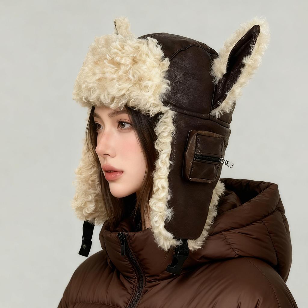 Factory Direct Women's Cute Cat Ear Faux Leather Shearling Trapper Hat Winter Warm Plush Ushanka Hat for Ski