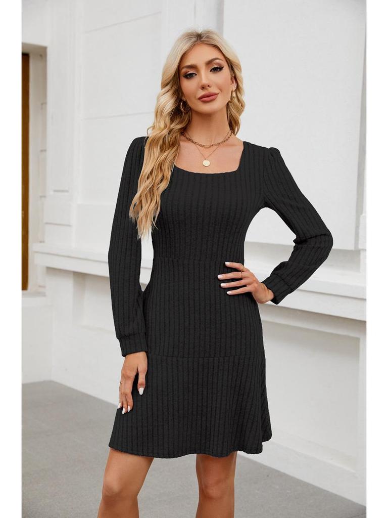 2026 Trendy Women's Square Neck Lantern Sleeve Babydoll Dress with Pockets