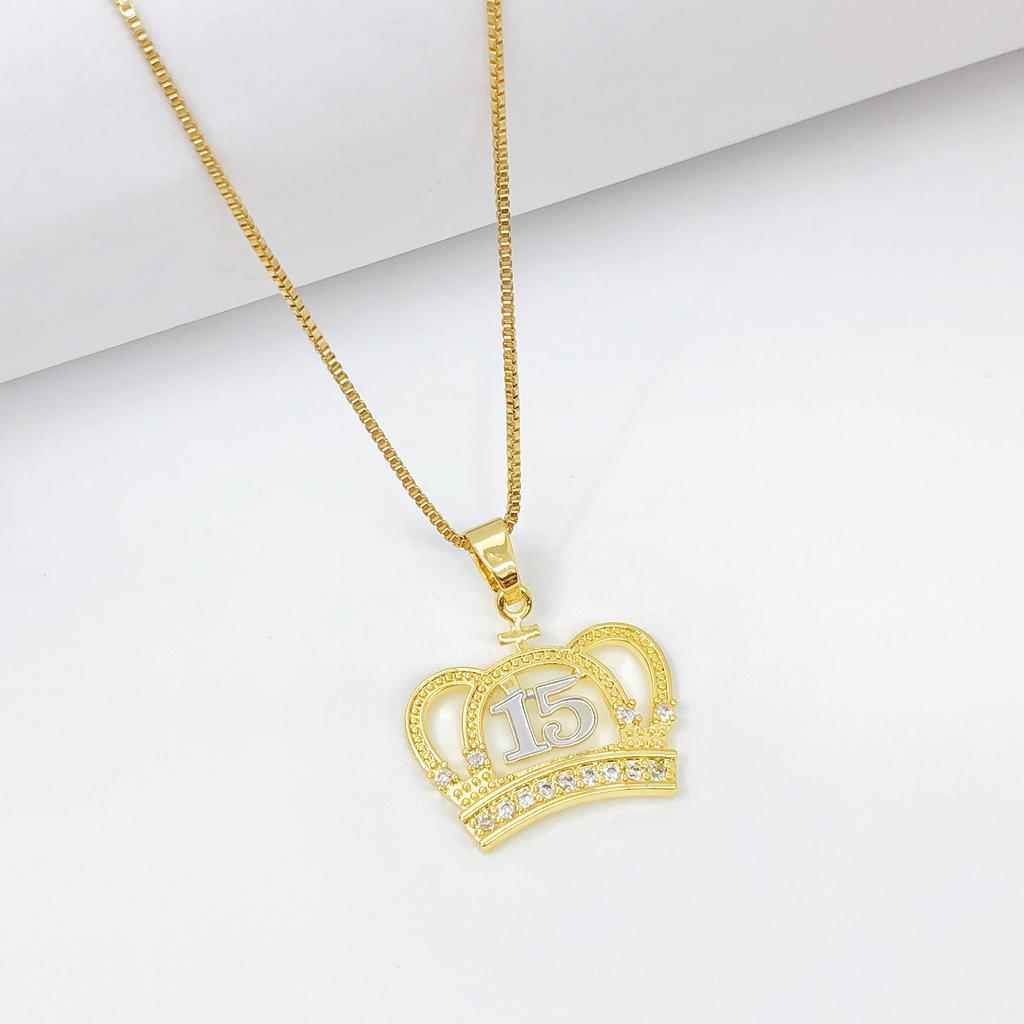 10-Style Gold-Plated Shiny Zircon Crown 15th Birthday Pendant Necklace Classic for Girls' Party Vacation Jewelry Birthday Gift