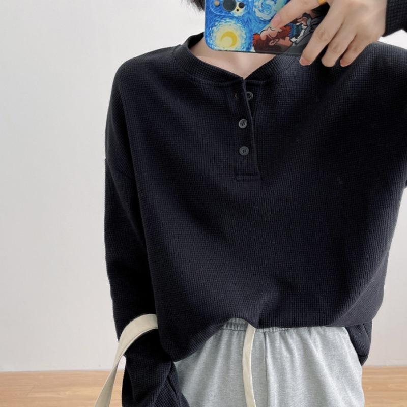 Waffle Long Sleeve T-Shirt Women's Season Thin Girlfriend Clothing Loose Student Interior Bottom Top