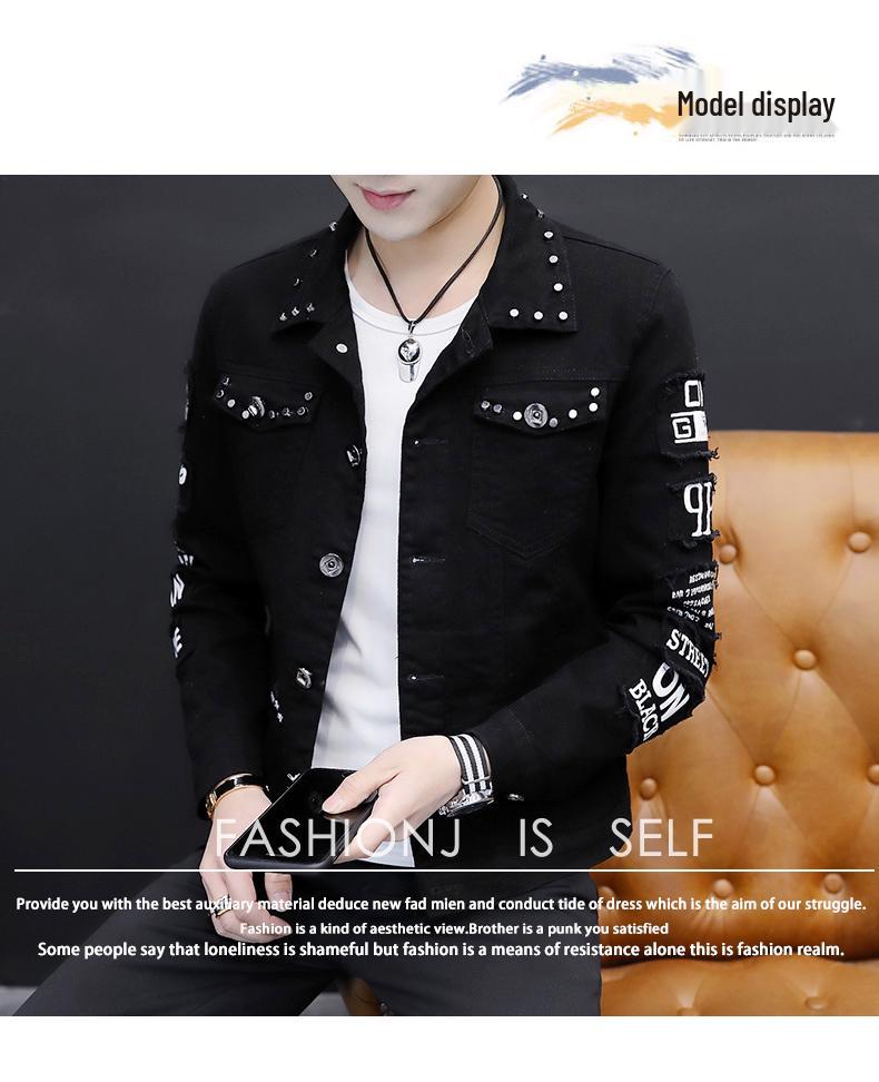 2023 Spring Men's Korean Style Distressed Denim Rivet Jacket