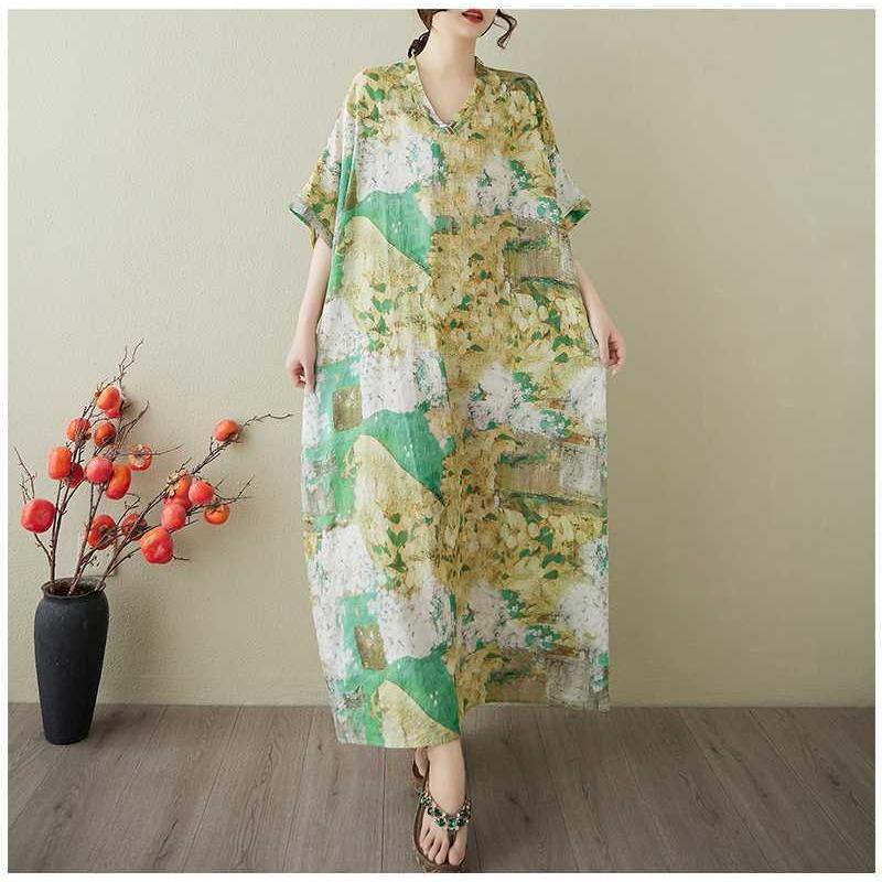 Damen Vintage Langes Kleid mit Baumwoll- und Leinenmustern