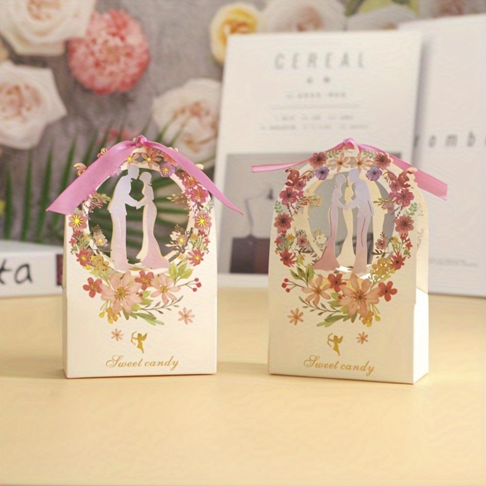 15pcs Floral Candy Boxes with Ribbons Wedding Gift Packing Box Bridal Shower Treat Bags Gift Packaging Paper Craft Party Supplies Wedding Party Gift