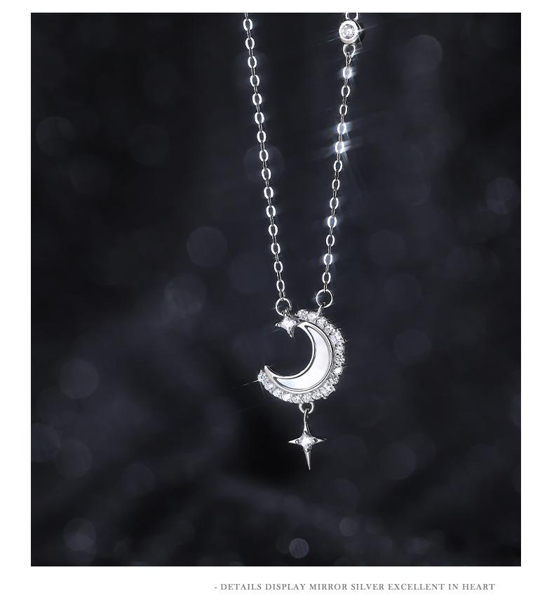 Sterling Silver S925 Star & Moon Necklace with Micro-Paved Stones and White Shell Pendant - Luxurious Valentine's Day Gift