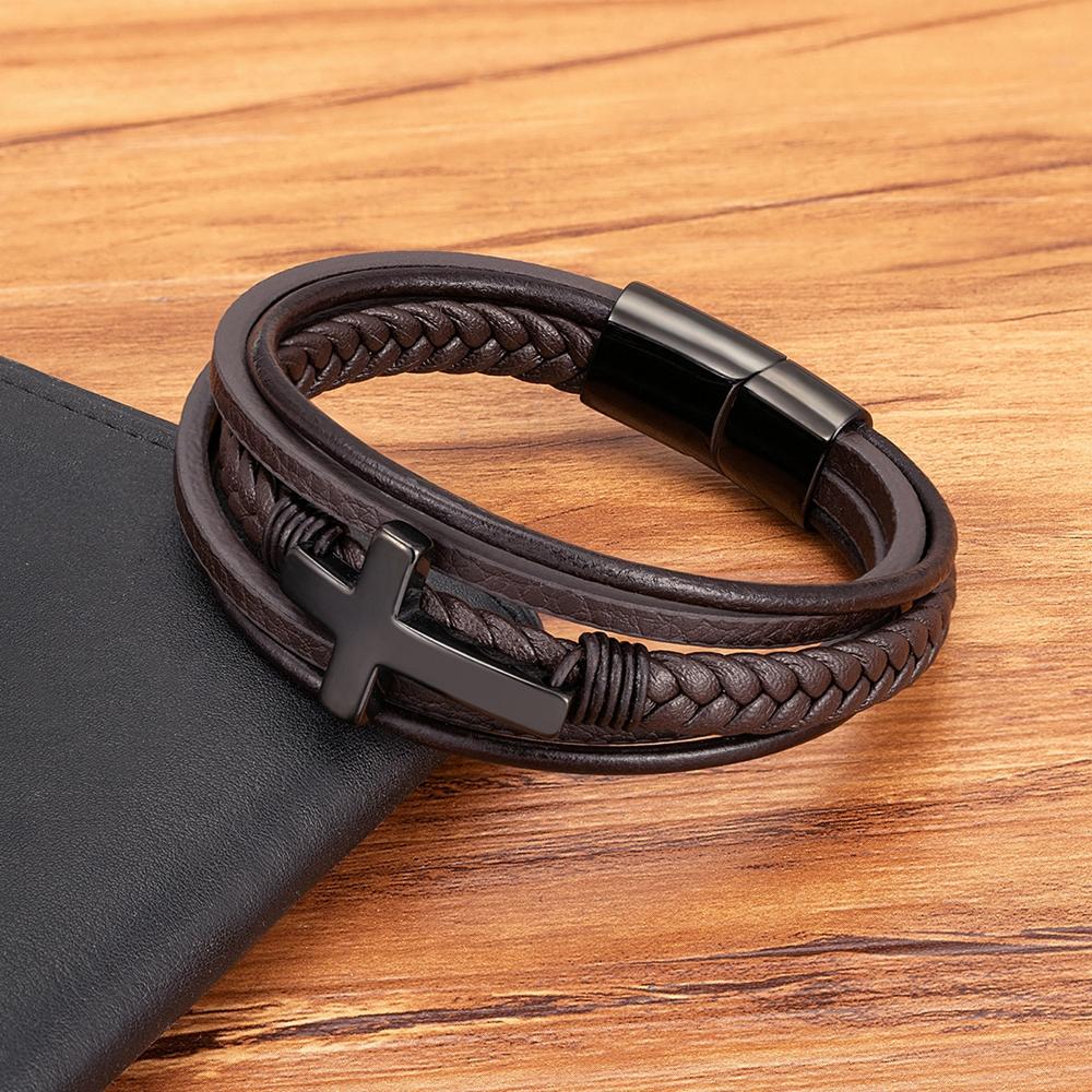 Punk Cross Design Leather Bracelet Classic Stainless Steel Men's Bangles Jewelry Luxury Multicolor Handsome Christmas Gifts