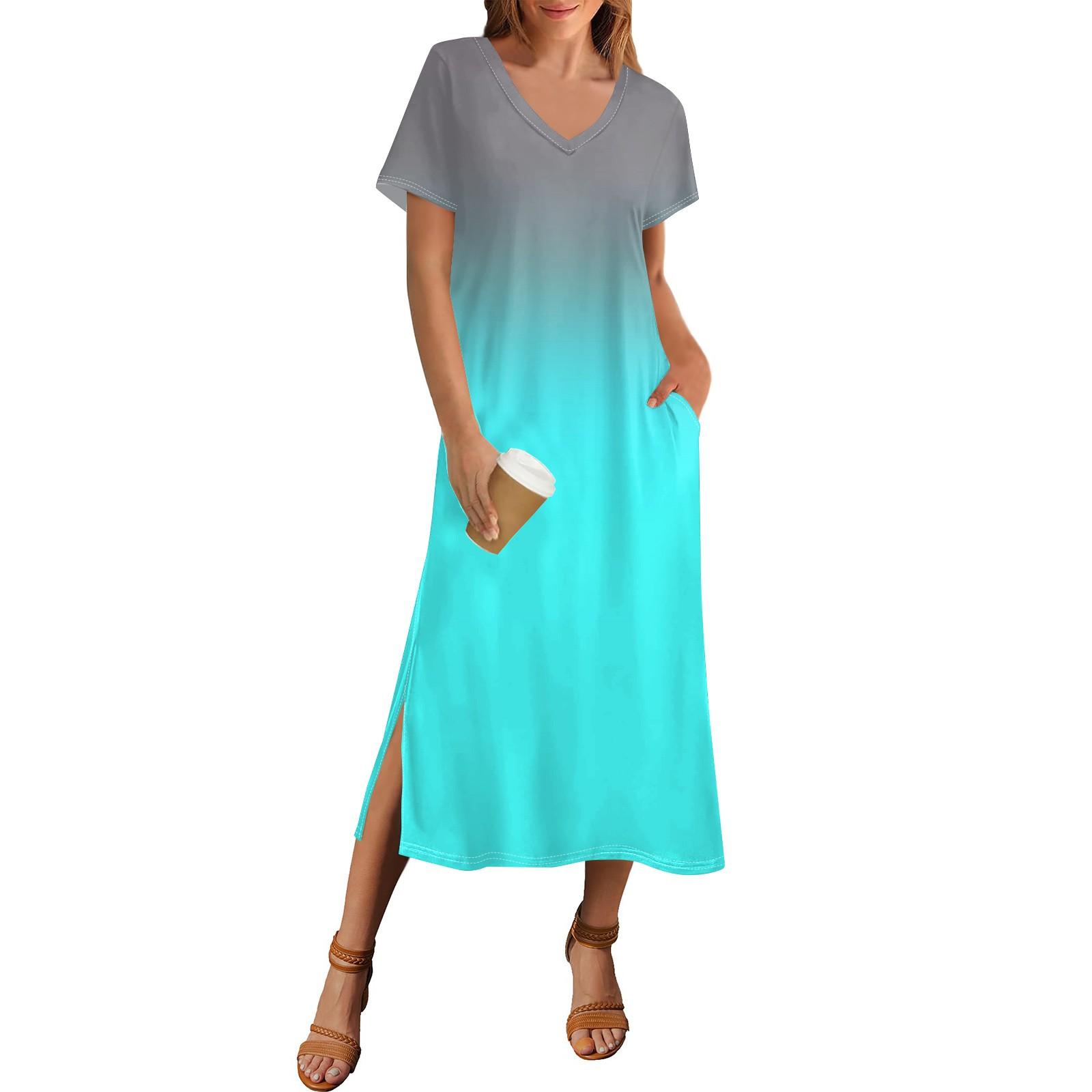 Women s Summer Casual Gradient Maxi Dress with Pockets, Short Sleeve V-Neck Loose Fit Beach Sundress XL циан