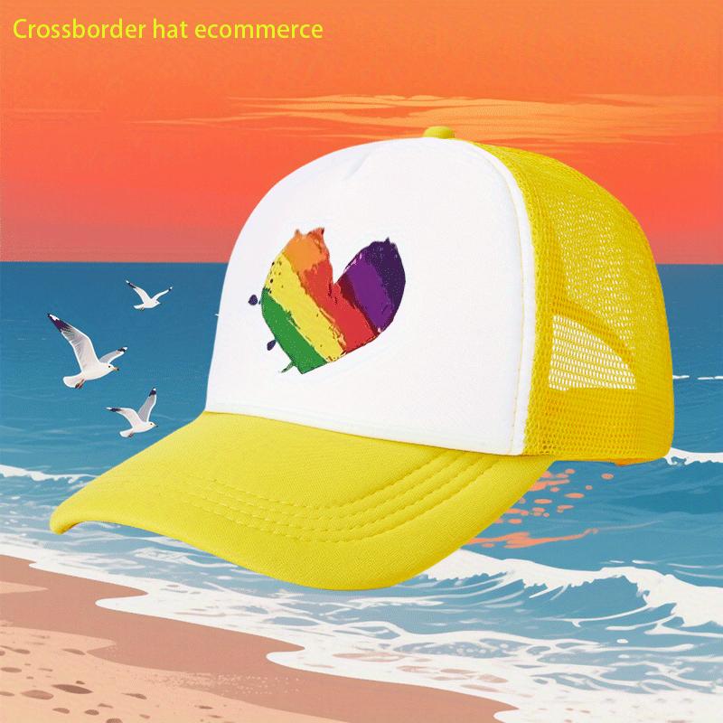 Rainbow Heart Print Breathable Mesh Trucker Hat Adjustable Polyester Casual Baseball Cap for Adults