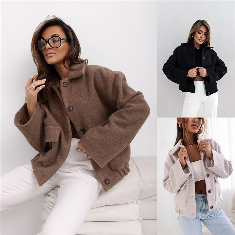 Womens Wool Coat Solid Color Pocket Breast Fashion New