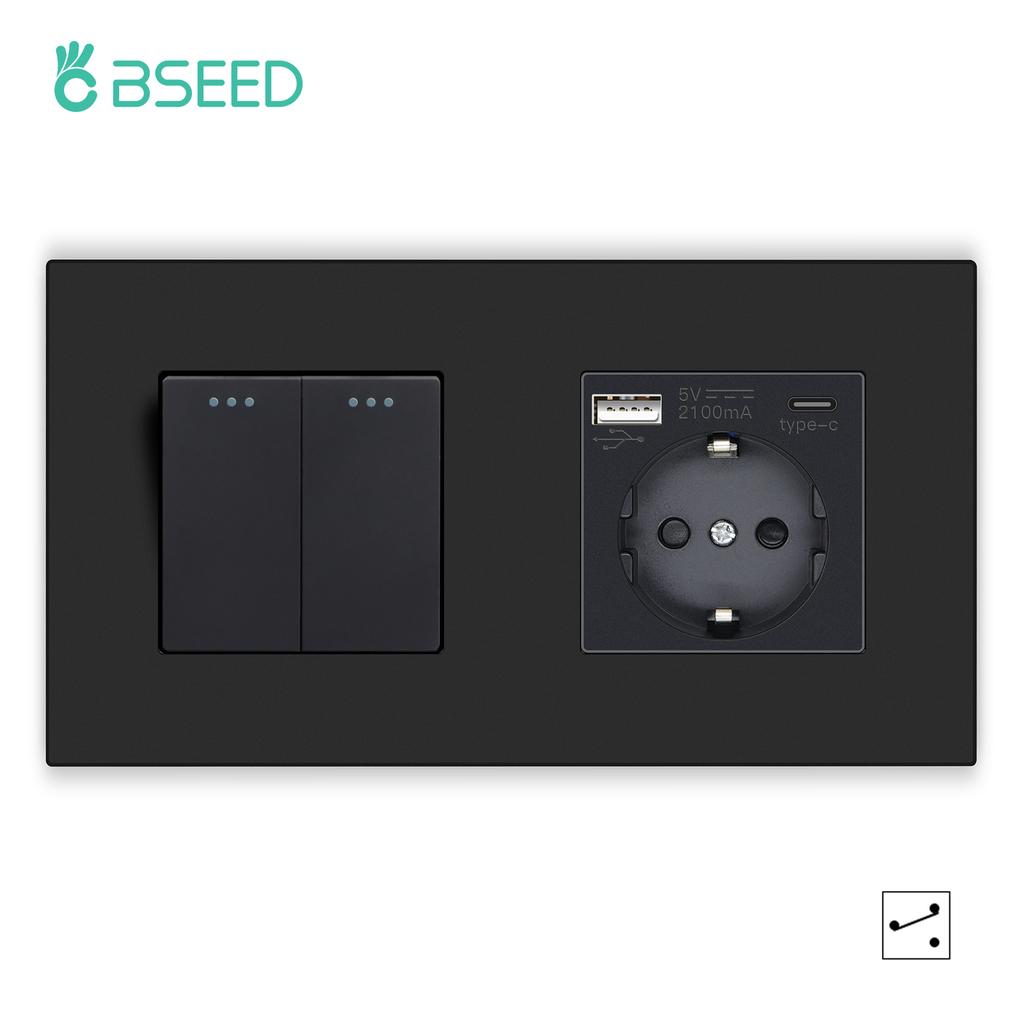 BSEED 1/2/3Gang Mechanical Button Switches 2Way For Stairs Plus EU Sockets USB Type-c Power Ports Matte Plastic Frames Black