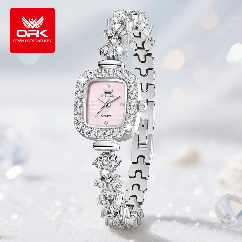 OPK 6058 Full Diamond Square Quartz Woman Watch Luxury Elegant Bracelet Wristwatch For Women 30M Waterproof Ladies Dress Watches
