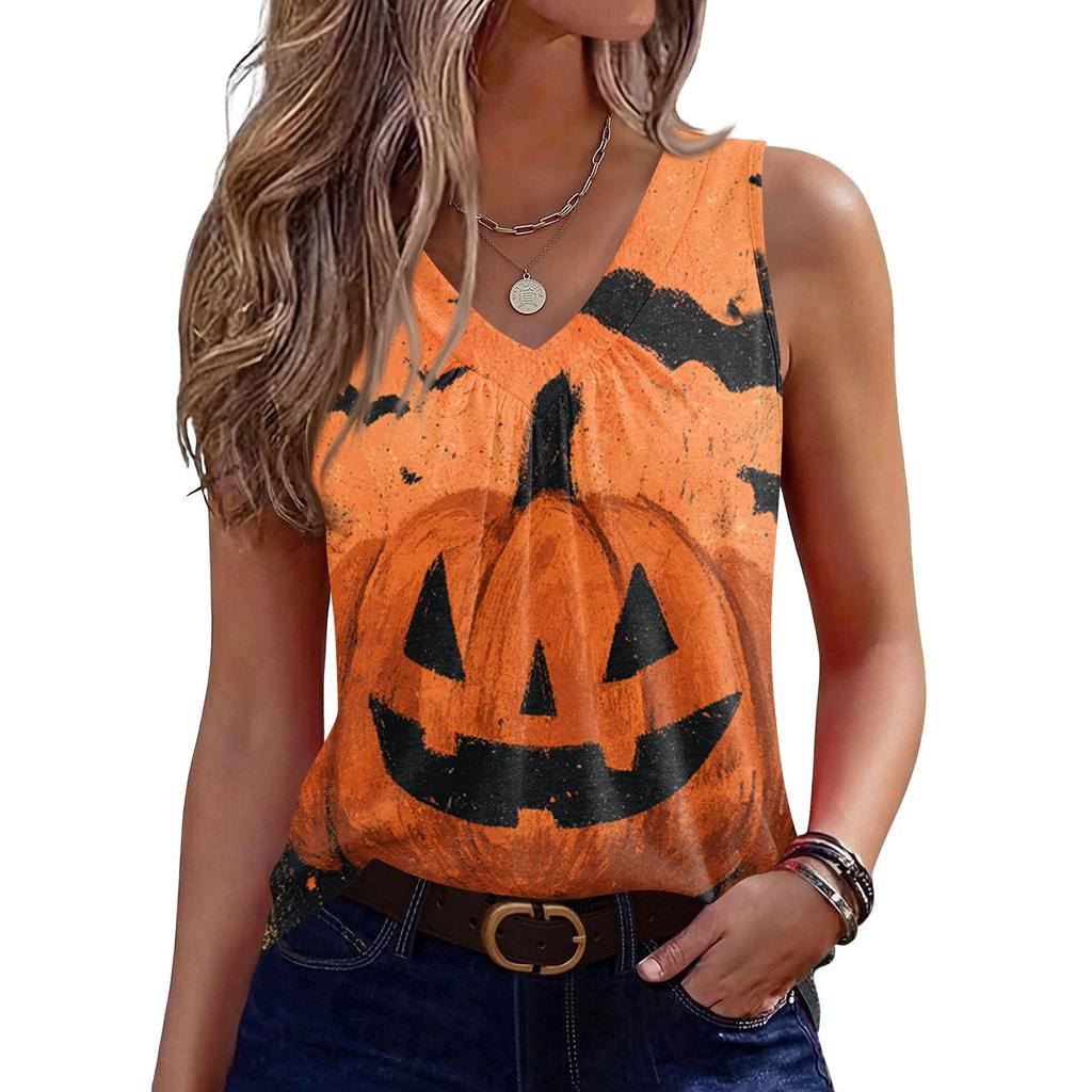 Women's Sleeveless V Neck Tank Top Casual Halloween Pumpkin Print Blouse Lightweight Summer Shirt for Everyday Wear