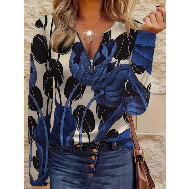 Elegantes Damenoberteil mit Reißverschluss und Print, langärmelig, stilvoll und vielseitig für Herbst und Winter, Freizeit- und Bürokleidung, maschinenwaschbar