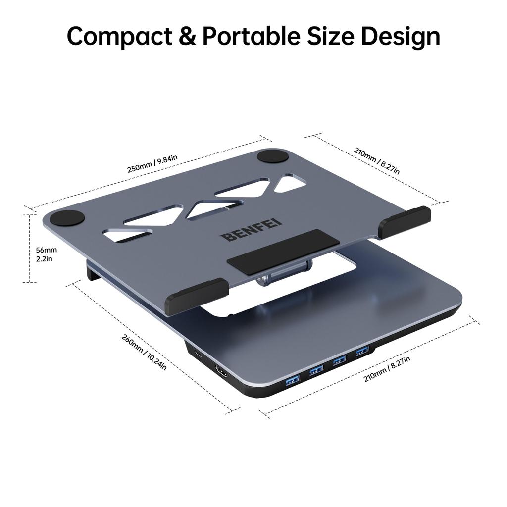 The BENFEI laptop stand comes with a USB-C 6-in-1 docking station, supporting HDMI 4K@60Hz, four USB 3.0 ports, and 100W PD, making it compatible with