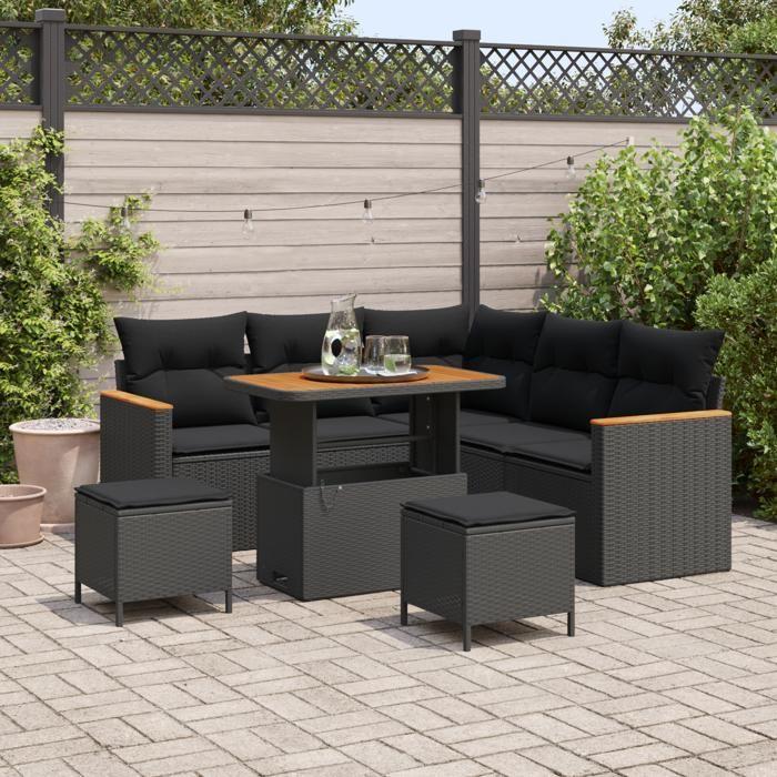 Ensemble de canapés de jardin de 8 pièces avec coussins noir rattan poly acacia, Ensemble de salle à manger de jardin de 3 3363044