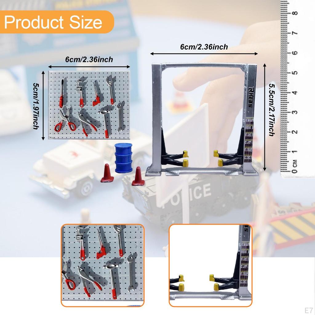 1/64 Diorama Car Garage Maintenance Tools Architecture Model Realistic Traffic Cones Lift Gantry