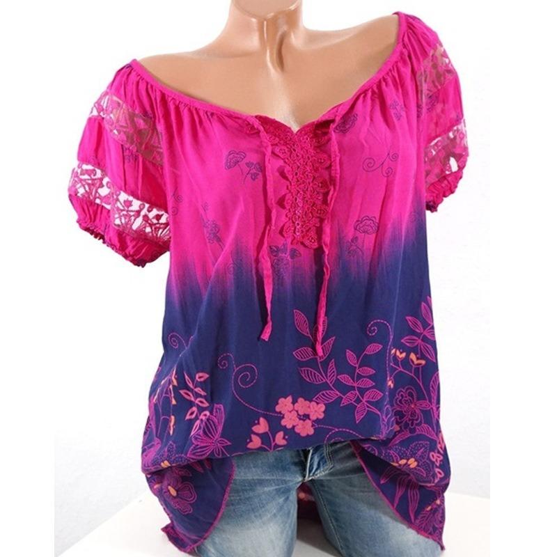 Ladies Summer Tops V-Neck Printed Lace Lace Short Sleeve T-Shirt