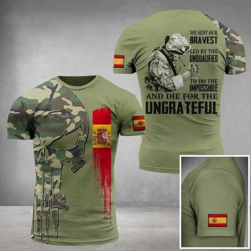 Summer Round Neck 3D Spanish Flag Veteran Print Top Fashionable Casual Short Sleeved Men's T-shirts