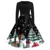 Women's Fashion Round Casual Slim Fit Christmas Print Large Swing Long Sleeve Dress
