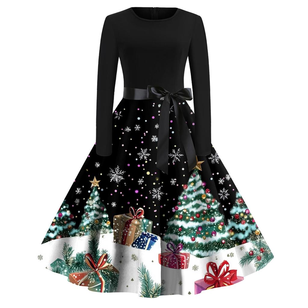 Women's Fashion Round Casual Slim Fit Christmas Print Large Swing Long Sleeve Dress